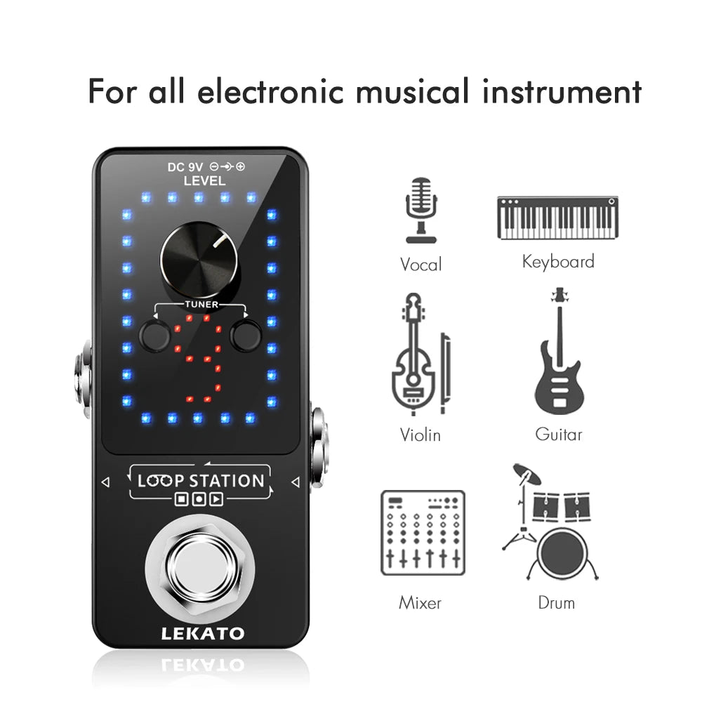 Pedal de Efeito para Guitarra LEKATO Looper - 9 Loops e 40 Minutos de Gravação, Estação de Loop com Afinador e Overdub - Pedais