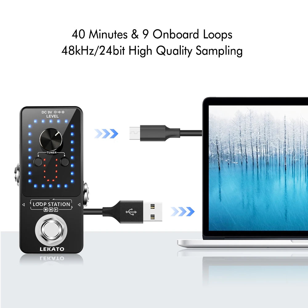 Pedal de Efeito para Guitarra LEKATO Looper - 9 Loops e 40 Minutos de Gravação, Estação de Loop com Afinador e Overdub - Pedais