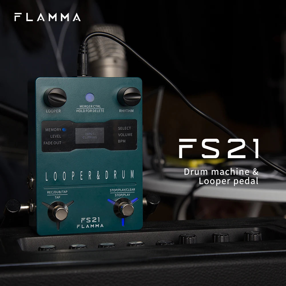 Pedal Drum Machine Looper FLAMMA FS21 - Para Guitarra, Looper de 160 Minutos, 100 Grooves de Bateria, Suporte para Edição por Software com Tela LED - Pedais