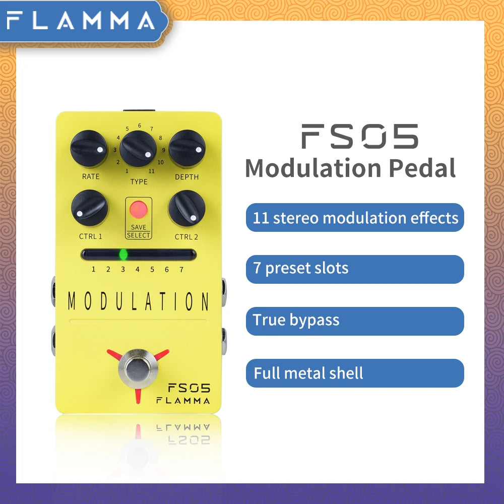 Pedal para Guitarra de Modulação FLAMMA FS05 - Digital Estéreo com 11 Efeitos de Modulação e 7 Slots de Predefinições, True Bypass - Pedais Efeitos