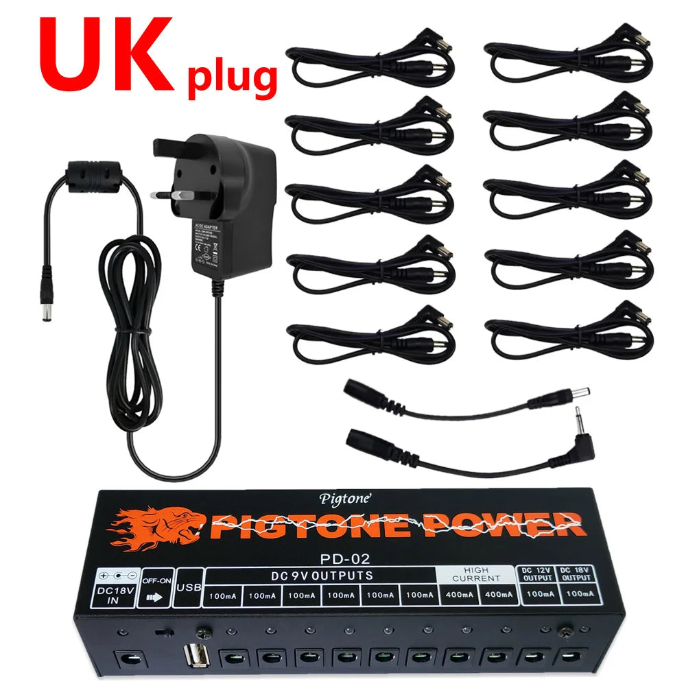 Fonte de Alimentação para Pedal de Guitarra Pigtone PD-02 - 10 Saídas com Carregamento USB - Efeitos Acessórios cordas