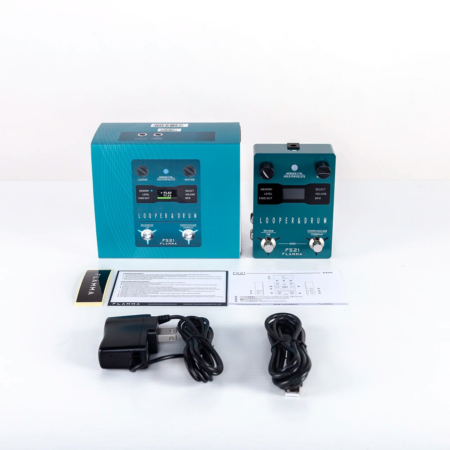 Pedal Drum Machine Looper FLAMMA FS21 - Para Guitarra, Looper de 160 Minutos, 100 Grooves de Bateria, Suporte para Edição por Software com Tela LED - Pedais