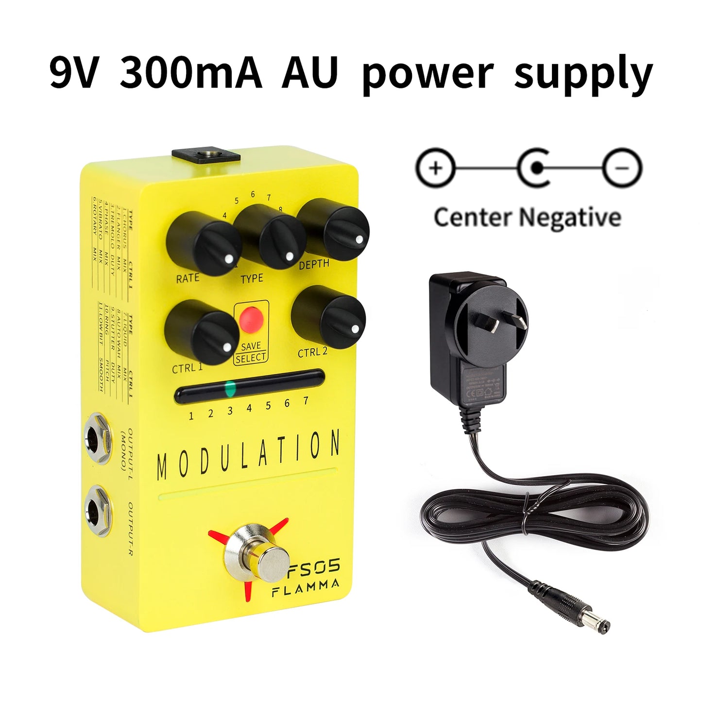 Pedal para Guitarra de Modulação FLAMMA FS05 - Digital Estéreo com 11 Efeitos de Modulação e 7 Slots de Predefinições, True Bypass - Pedais Efeitos