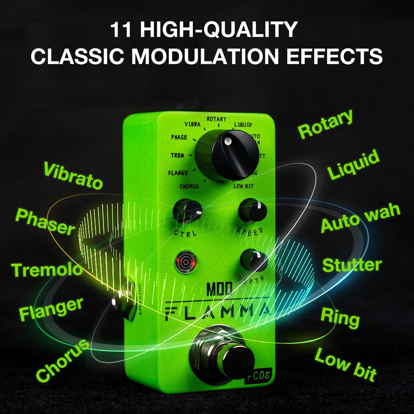 Pedal de Efeitos Multi Modulação FLAMMA FC05 - 11 Modos: Chorus, Flanger, Phaser, Tremolo e Auto Wah para Guitarra - Pedais Efeitos