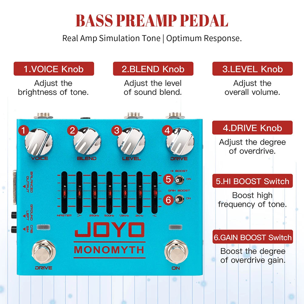 Pedal de Pré-Amplificador para Baixo JOYO R-26 MONOMYTH - Simulação de Amplificador Overdrive, Equalizador Gráfico de 6 Bandas e Redução de Ruído - Pedais Efeitos