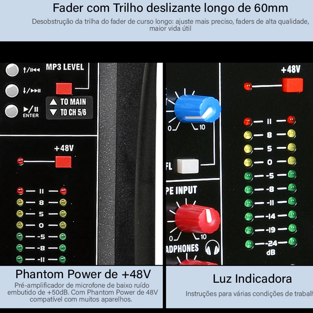 Mixer analógico 12 Canais - Entrada USB para Computador, Interface de Áudio, Placa de Som e efeitos - Mixers