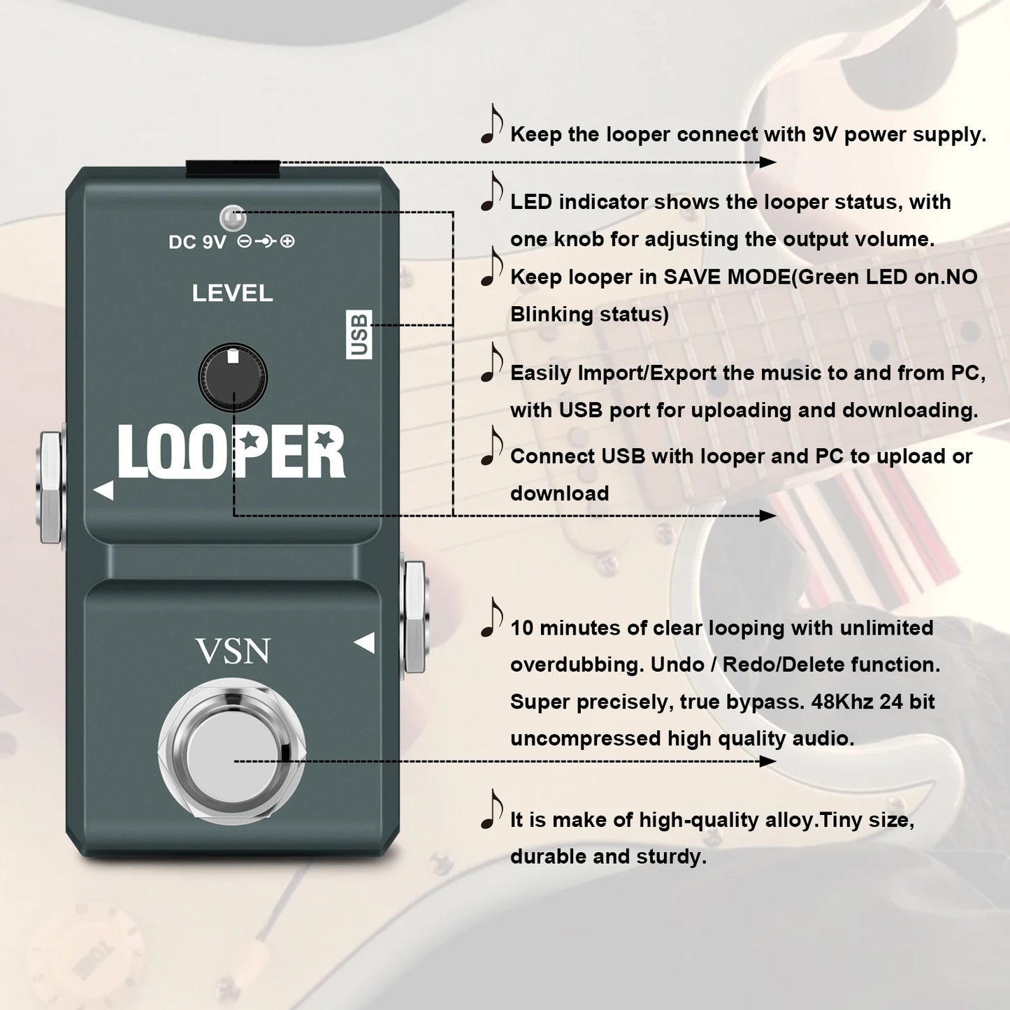 Pedal de Looper Digital VSN para Guitarra e Baixo - 10 Minutos de Tempo de Gravação - Pedais Efeitos
