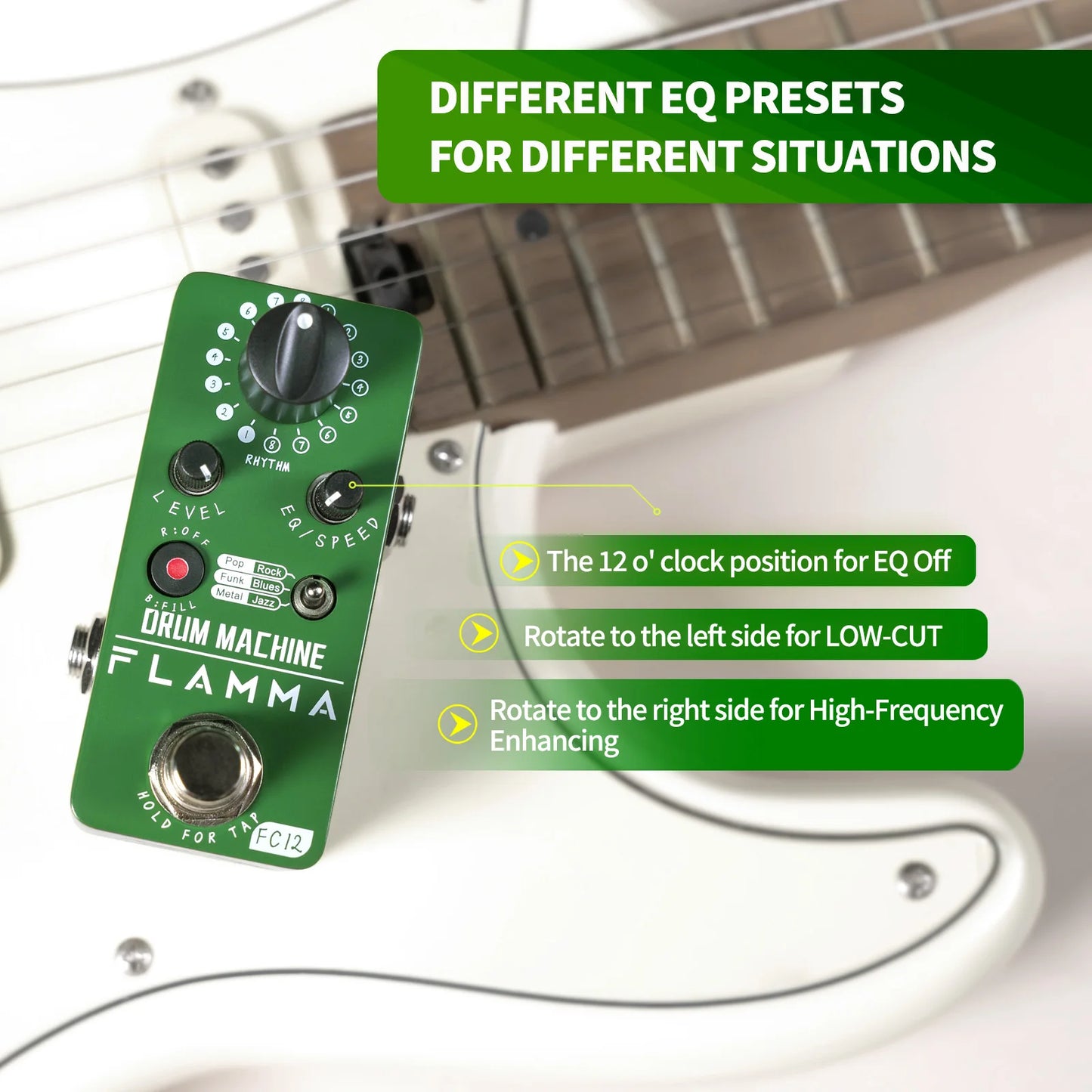 Pedal de Efeitos FLAMMA FC12 - Drum machine para Guitarra com 48 Grooves, Função Fill, Tap Tempo e EQ Duplo - Pedais