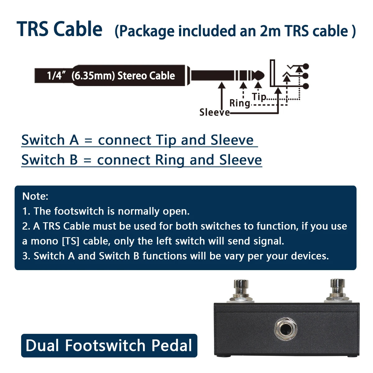 Footswitch para Instrumentos Eletrônicos - Pedais Multiefeitos e Amplificadores com Cabo TRS - Efeitos Acessórios Perifériocos