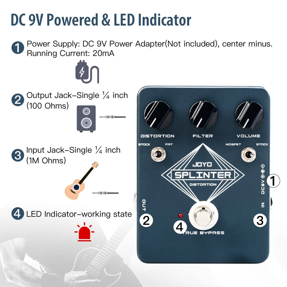 Pedal de Guitarra Splinter Fuzz & Distortion JOYO JF-21 - Circuitos MOSFET Selecionáveis e Diodos de Clipping FAT - Pedais Efeitos