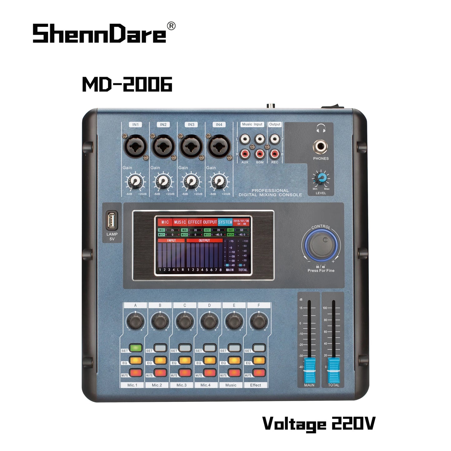 Mixer 6 Canais Digital Profissional ShennDare MD2006 - Controlador de Áudio DJ via WIFI/USB com Tela Touch - Mixers