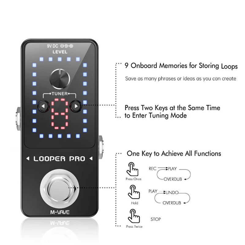 Pedal de Efeito para Guitarra M-VAVE Looper Pro - 9 Loops, 40 Minutos de Gravação, Estação de Loop com Afinador e Overdub Ilimitado - Pedal