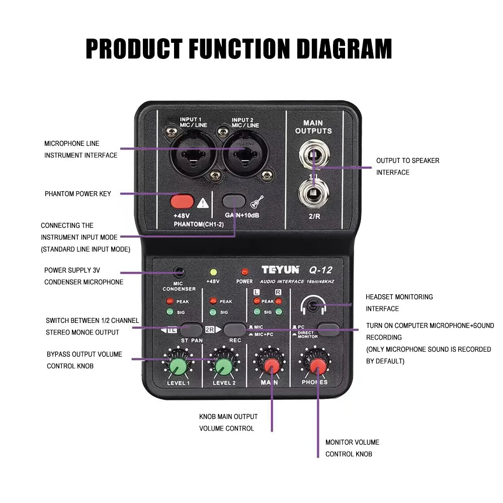 Mixer analógico 2 canais Q-12 - alimentação 48V e estéreo - Mixers