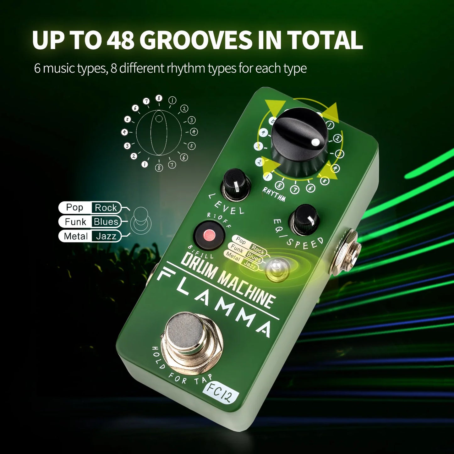 Pedal de Efeitos FLAMMA FC12 - Drum machine para Guitarra com 48 Grooves, Função Fill, Tap Tempo e EQ Duplo - Pedais