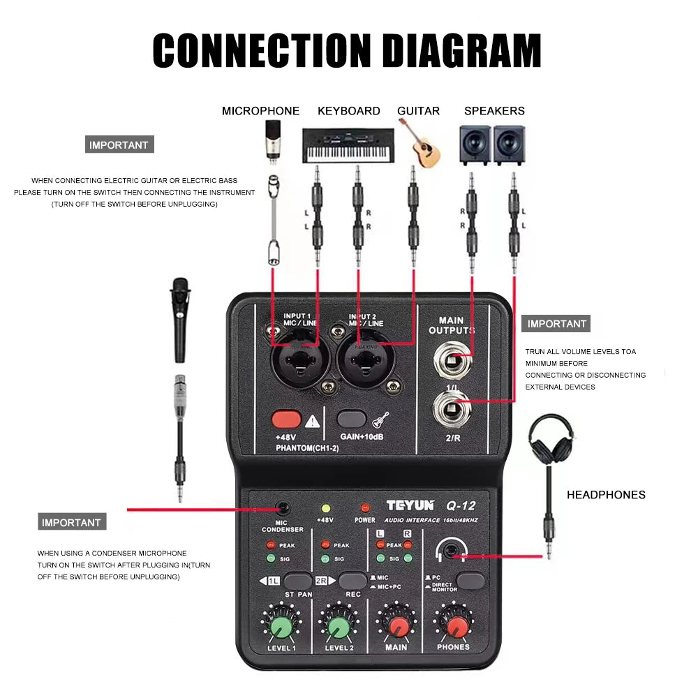 Mixer analógico 2 canais Q-12 - alimentação 48V e estéreo - Mixers