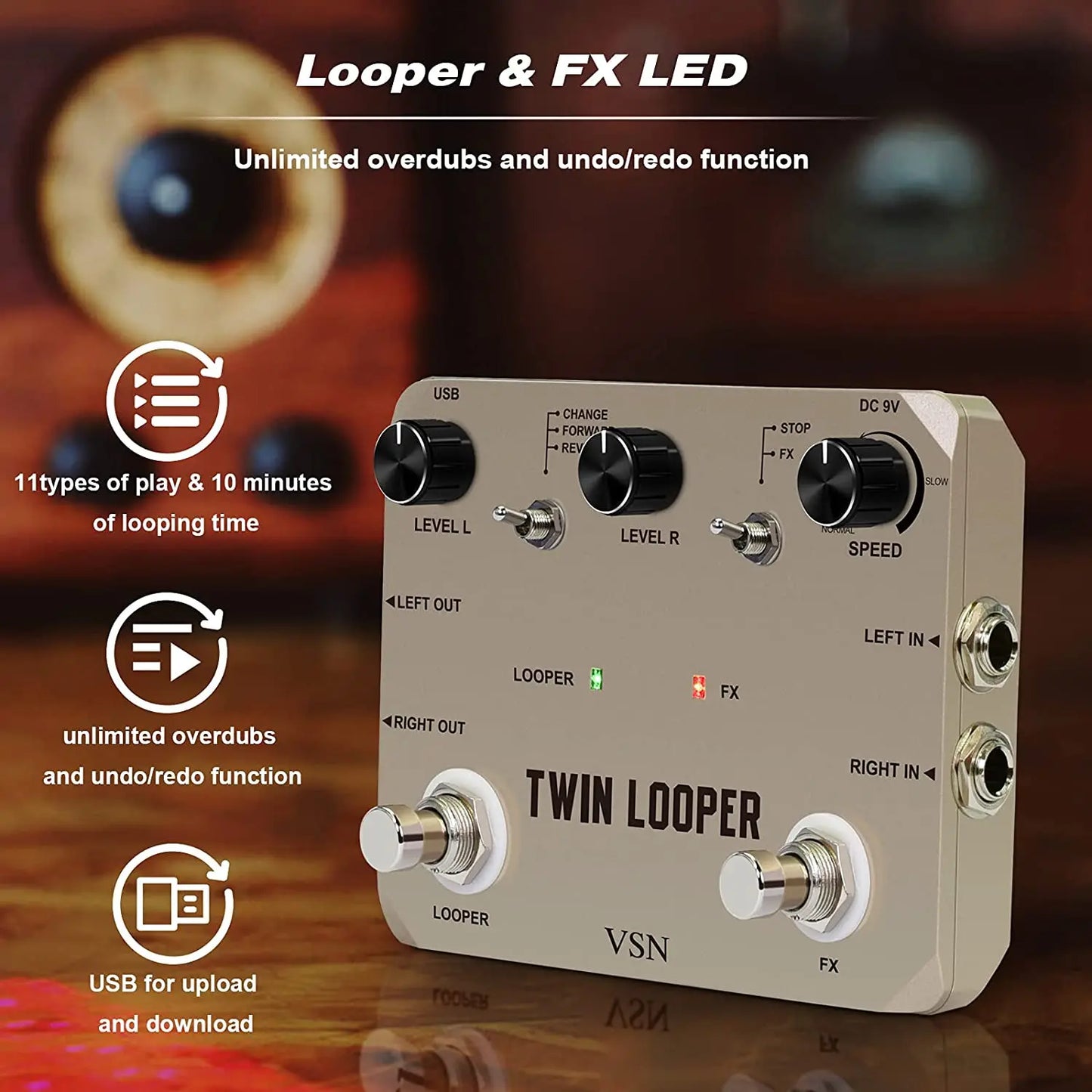 Pedal para Guitarra Rowin VSN Twin Looper - Box de Efeitos com 11 Modos de Reprodução, Entrada/Saída Estéreo e 10 Minutos de Gravação – Pedal