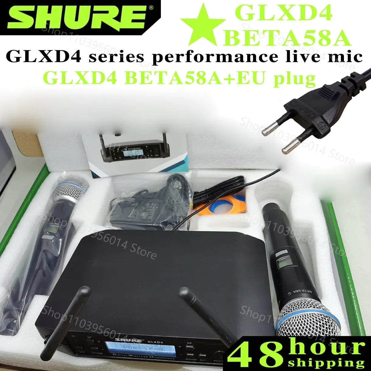 Kit de Microfone Sem Fio Shure GLXD 4 com 2 Microfones Manuais Shure BETA 58A - Dinâmico Profissional para Festa, Palco e Karaoke (640-690MHz) - Microfones