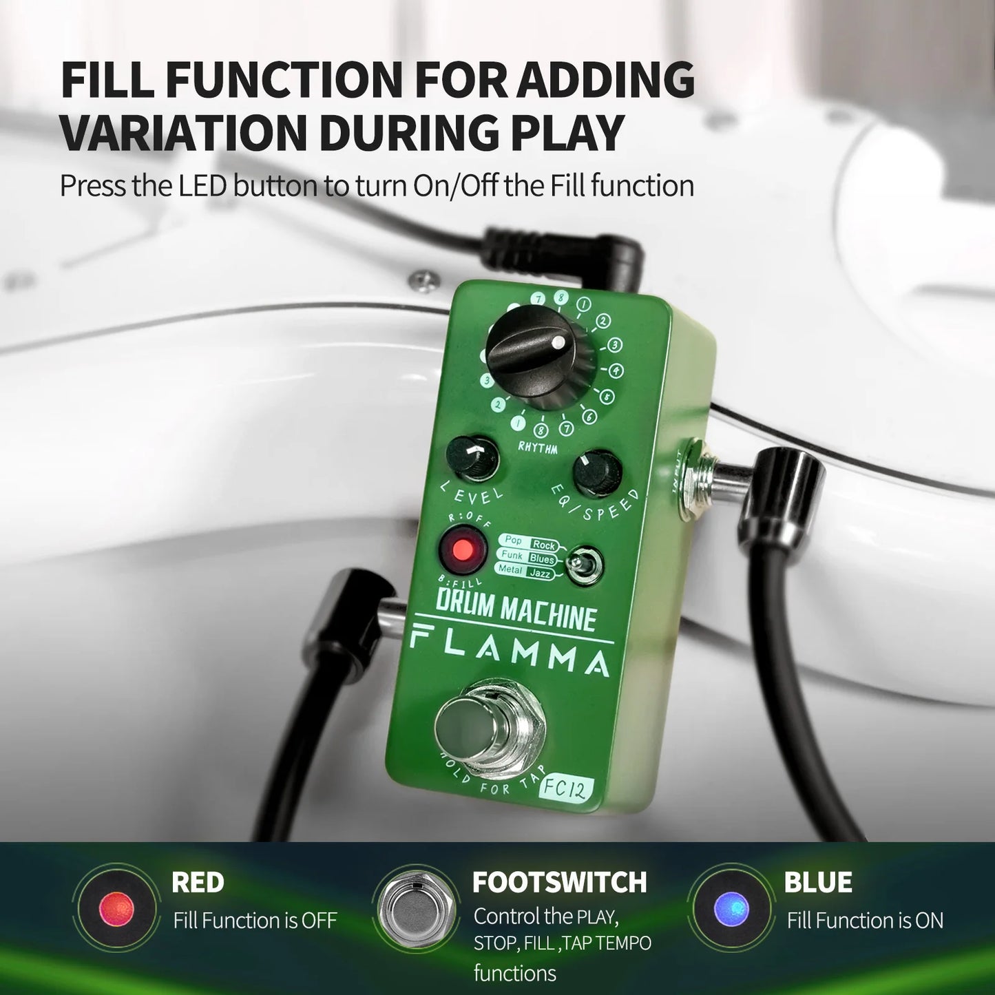Pedal de Efeitos FLAMMA FC12 - Drum machine para Guitarra com 48 Grooves, Função Fill, Tap Tempo e EQ Duplo - Pedais