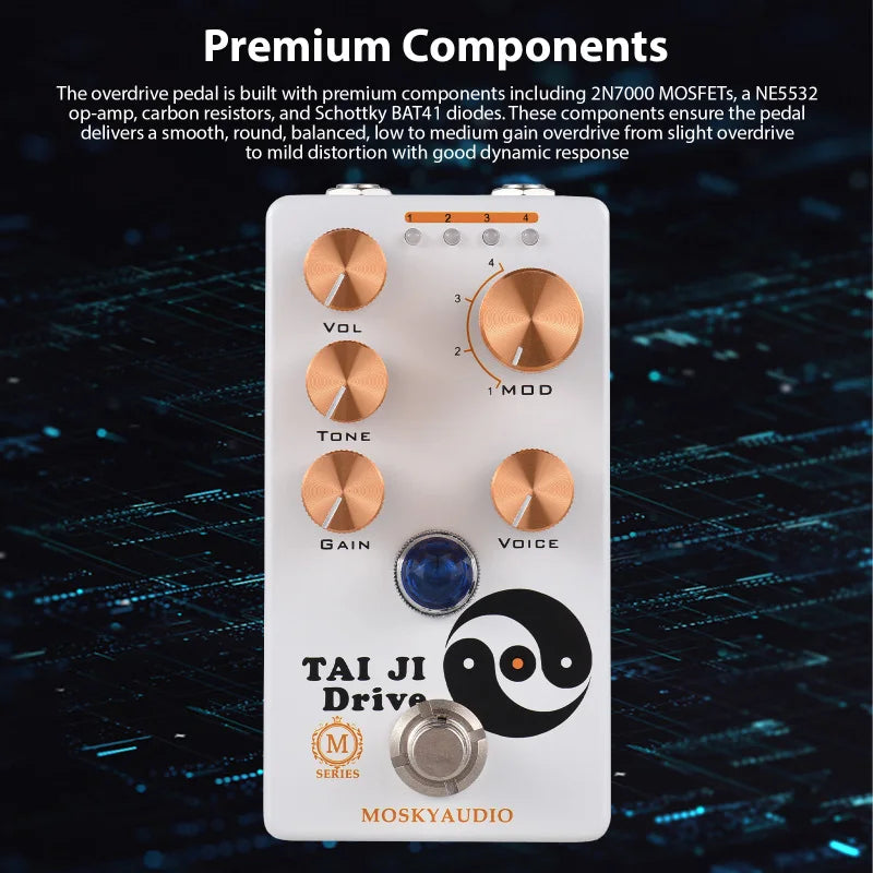 Pedal para Guitarra Overdrive MOSKYAUDIO TAI JI DRIVE - Volume/Tom/Ganho/Voice/4 Modos - Pedais