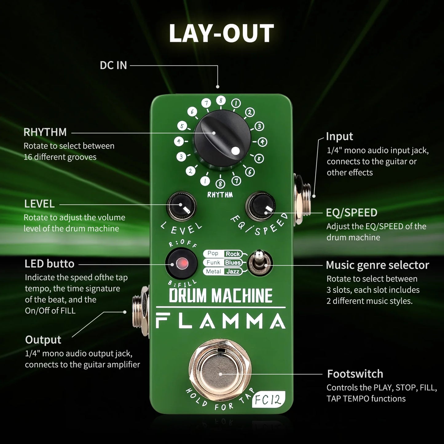 Pedal de Efeitos FLAMMA FC12 - Drum machine para Guitarra com 48 Grooves, Função Fill, Tap Tempo e EQ Duplo - Pedais