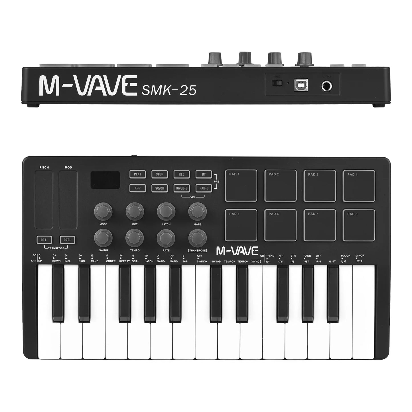 Teclado MIDI Controlador M-VAVE de 25 Teclas, Piano USB, Sensível ao Toque, 8 Pads RGB Iluminados - Periféricos Acessórios teclas