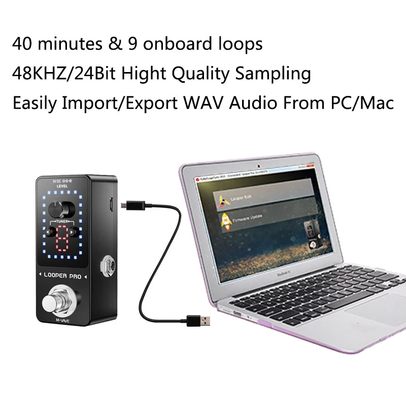 Pedal de Efeito para Guitarra M-VAVE Looper Pro - 9 Loops, 40 Minutos de Gravação, Estação de Loop com Afinador e Overdub Ilimitado - Pedal