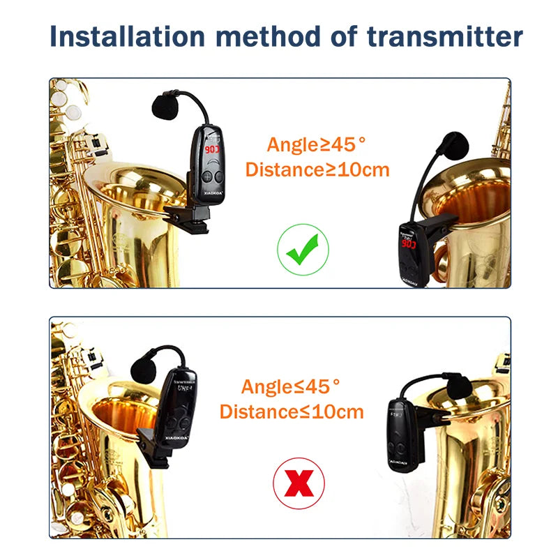 Microfone Sem Fio UHF para Instrumentos Sopro - Saxofone-Trompete - Receptor e Transmissor Sem Fio, Alcance de 160ft, Plug and Play - Acessórios sopro