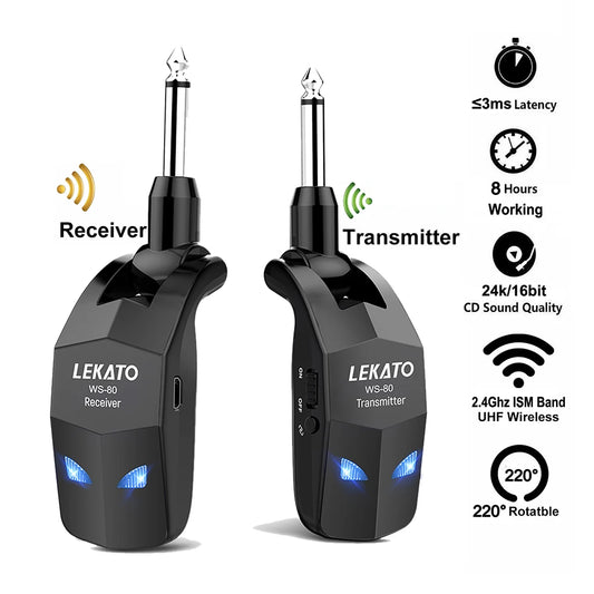 Sistema Sem Fio LEKATO WS-80 A8/A9 - Transmissor e Receptor de Áudio com Bateria Recarregável - Acessórios cordas