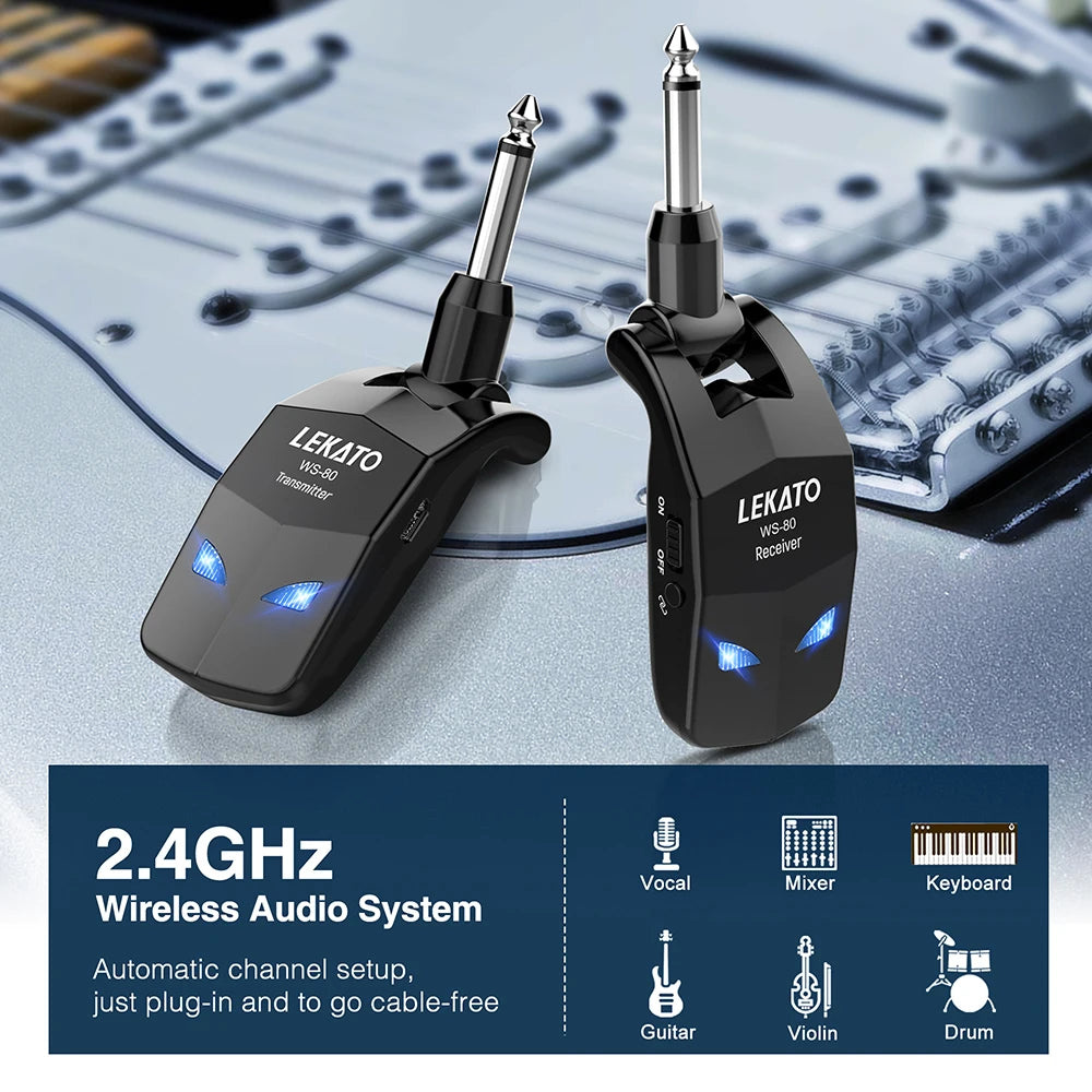 Sistema Sem Fio LEKATO WS-80 A8/A9 - Transmissor e Receptor de Áudio com Bateria Recarregável - Acessórios cordas