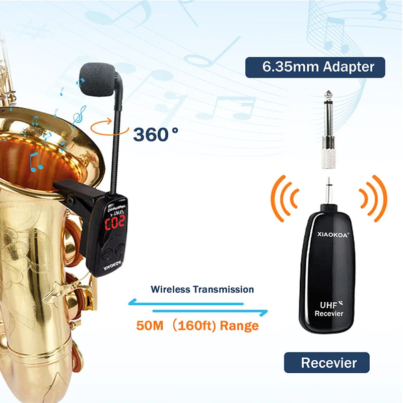 Microfone Sem Fio UHF para Instrumentos Sopro - Saxofone-Trompete - Receptor e Transmissor Sem Fio, Alcance de 160ft, Plug and Play - Acessórios sopro