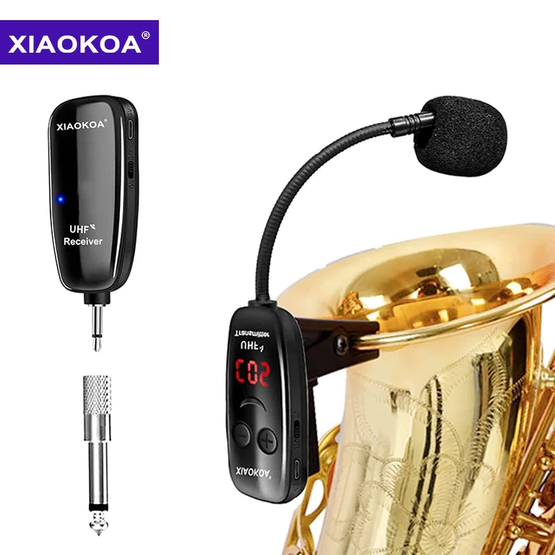 Microfone Sem Fio UHF para Instrumentos Sopro - Saxofone-Trompete - Receptor e Transmissor Sem Fio, Alcance de 160ft, Plug and Play - Acessórios sopro
