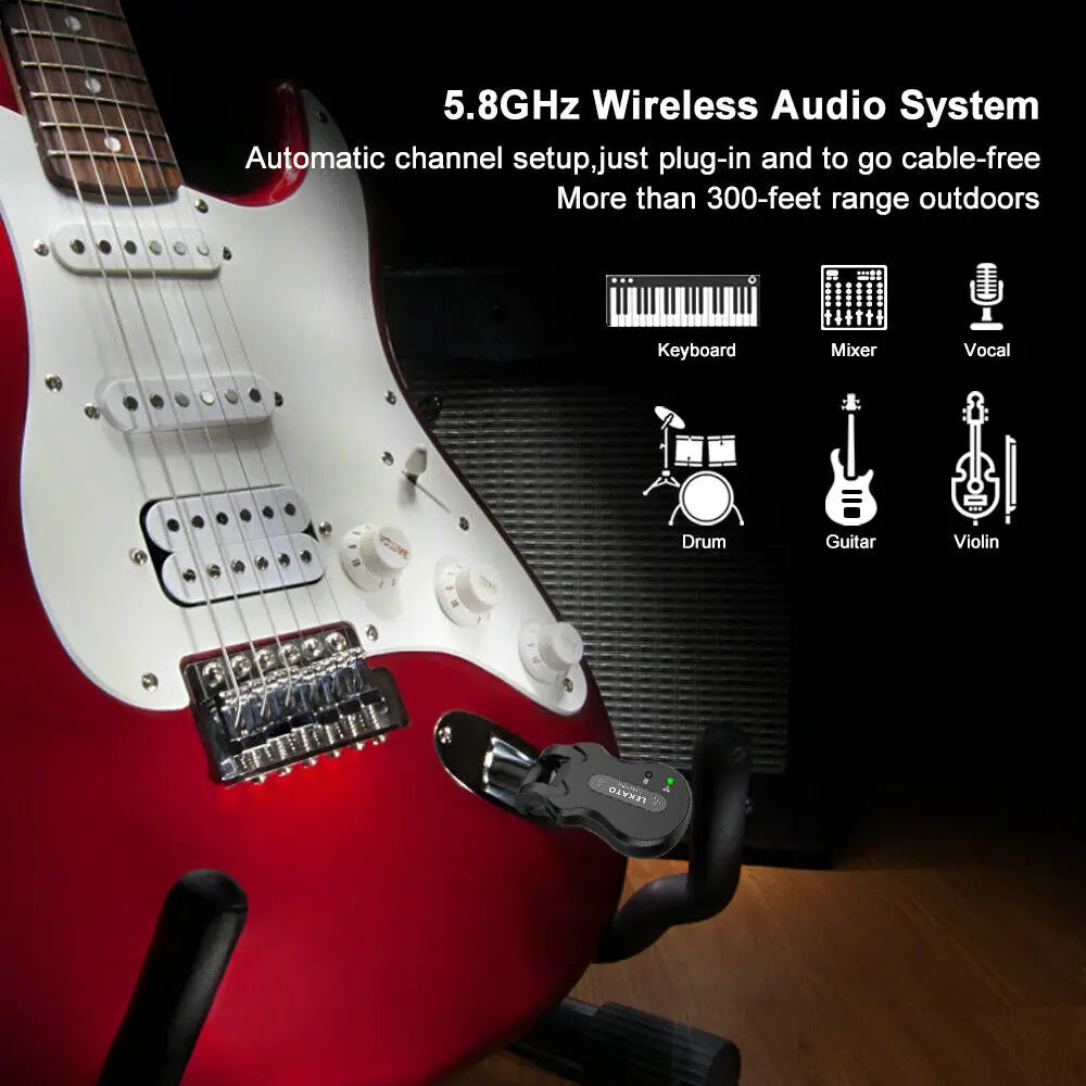 Sistema Transmissor e Receptor Sem Fio LEKATO WS-50 para Guitarra Elétrica, 4 Canais ISM 5.8GHz, Recarregável - Acessórios para cordas