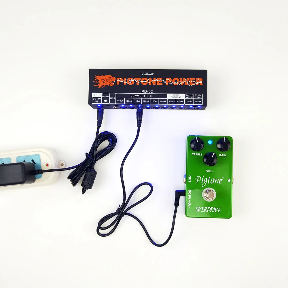 Fonte de Alimentação para Pedal de Guitarra Pigtone PD-02 - 10 Saídas com Carregamento USB - Efeitos Acessórios cordas