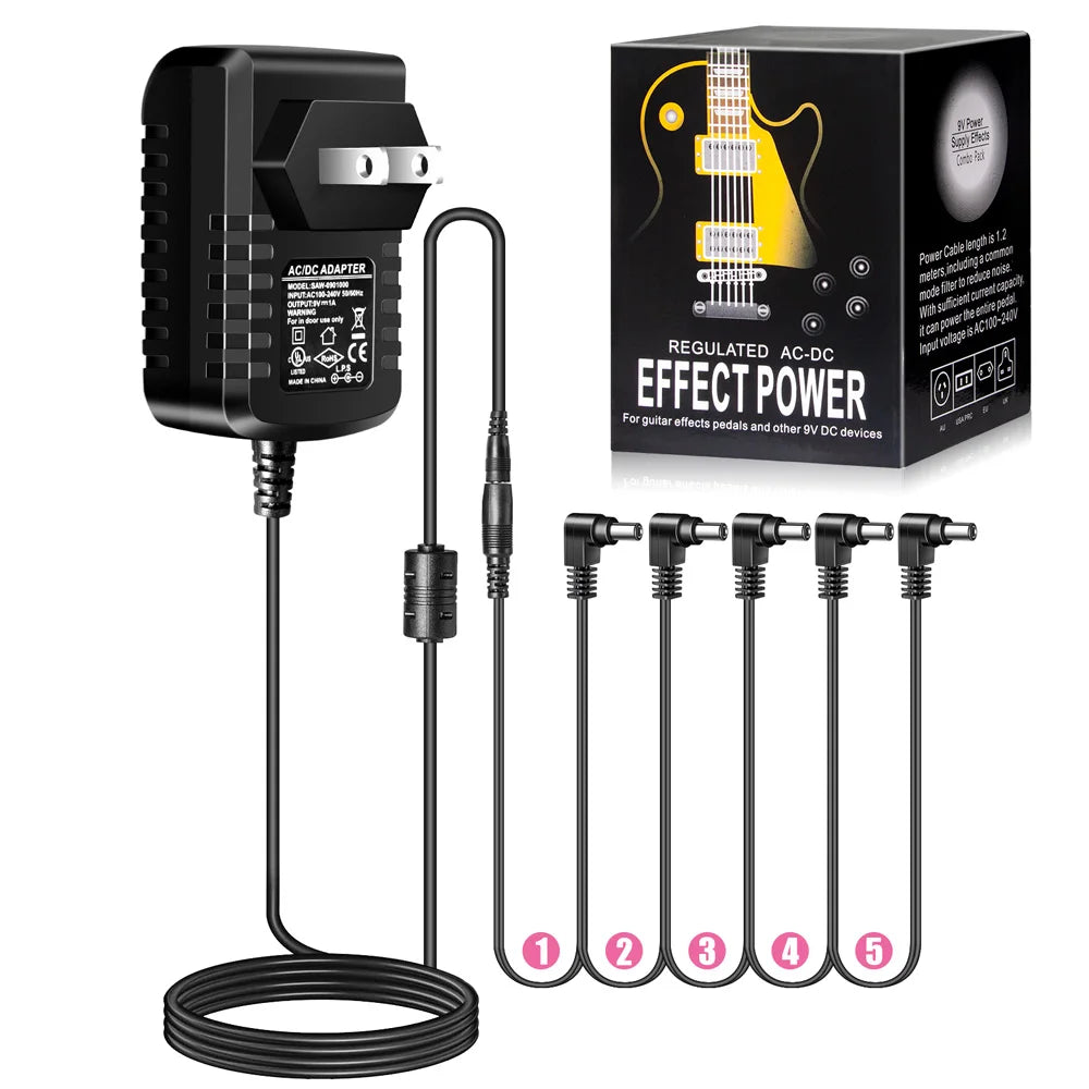 Fonte de Alimentação para Pedal de Efeitos de Guitarra Elétrica 5 vias - 9V DC 1A, Plugues US, EU, UK, JP, AU - Periféricos Efeitos Pedais