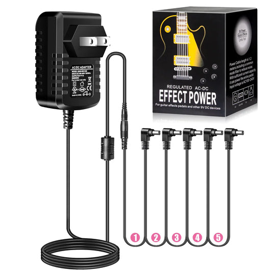 Fonte de Alimentação para Pedal de Efeitos de Guitarra Elétrica 5 vias - 9V DC 1A, Plugues US, EU, UK, JP, AU - Periféricos Efeitos Pedais