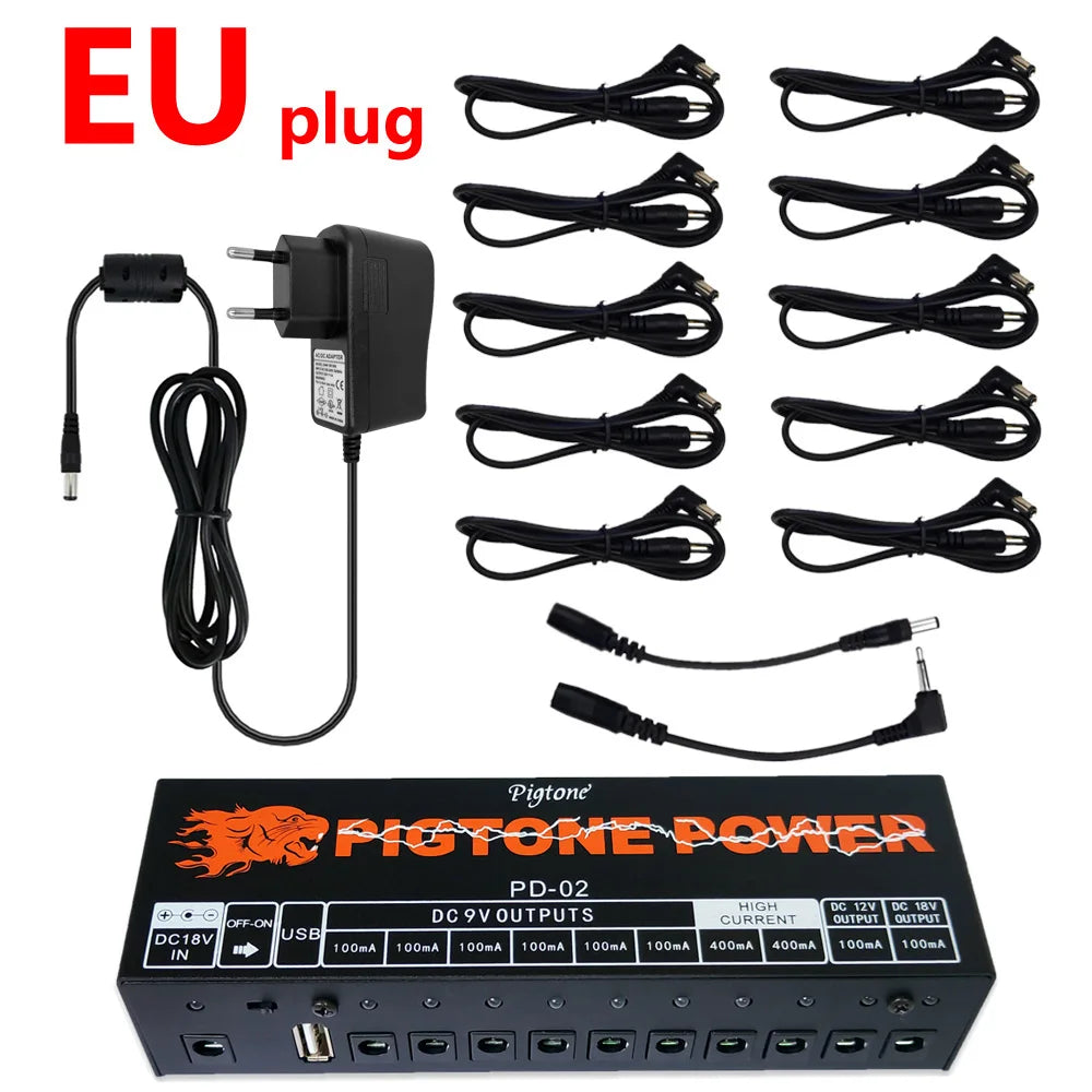 Fonte de Alimentação para Pedal de Guitarra Pigtone PD-02 - 10 Saídas com Carregamento USB - Efeitos Acessórios cordas