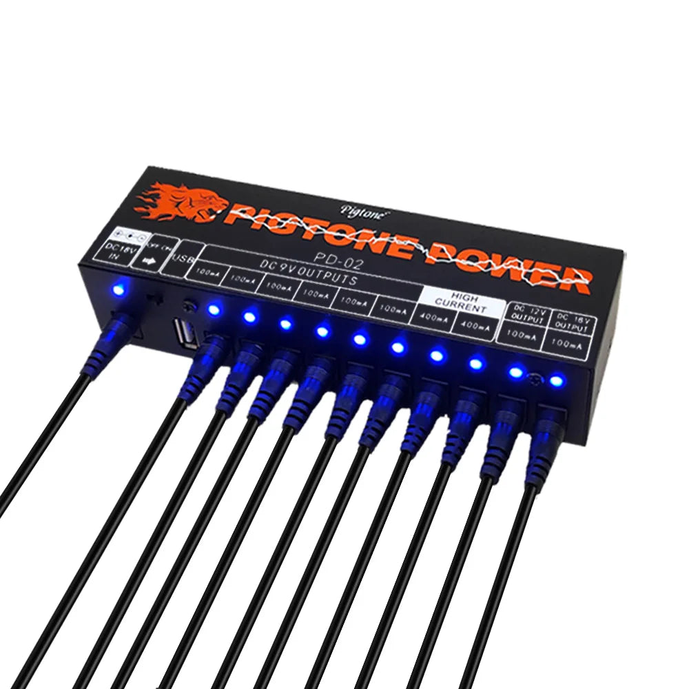 Fonte de Alimentação para Pedal de Guitarra Pigtone PD-02 - 10 Saídas com Carregamento USB - Efeitos Acessórios cordas