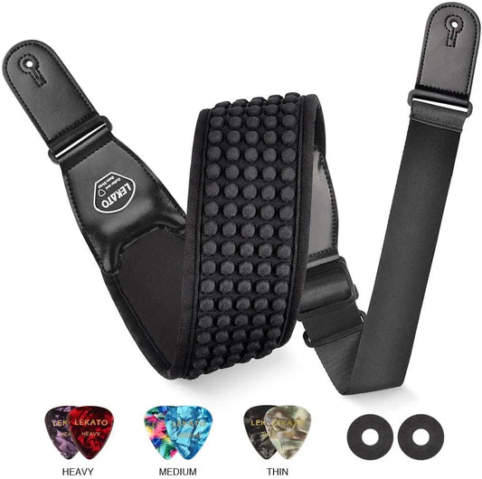 Correia de Ombro Ajustável Lekato para Guitarra e Baixo - Couro, 3,5'' de Largura, 6 Palhetas, Enchimento de Espuma 3D - Acessórios cordas