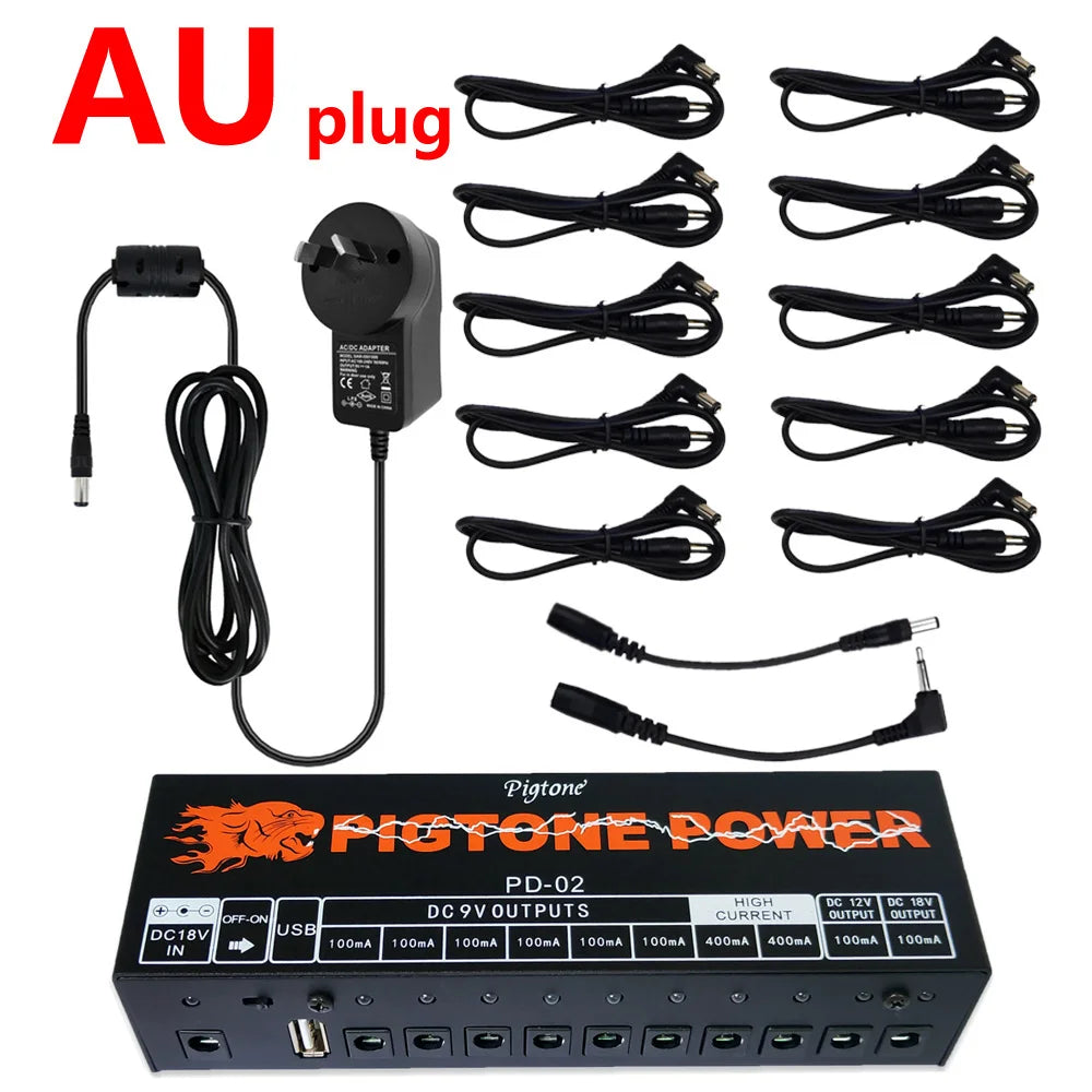 Fonte de Alimentação para Pedal de Guitarra Pigtone PD-02 - 10 Saídas com Carregamento USB - Efeitos Acessórios cordas