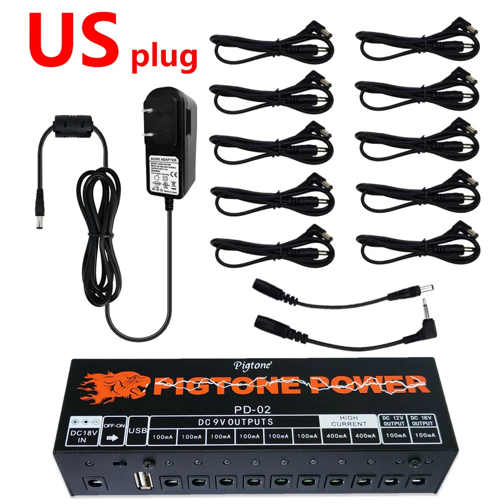 Fonte de Alimentação para Pedal de Guitarra Pigtone PD-02 - 10 Saídas com Carregamento USB - Efeitos Acessórios cordas