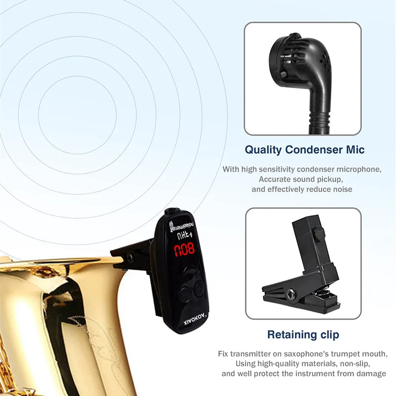 Microfone Sem Fio UHF para Instrumentos Sopro - Saxofone-Trompete - Receptor e Transmissor Sem Fio, Alcance de 160ft, Plug and Play - Acessórios sopro