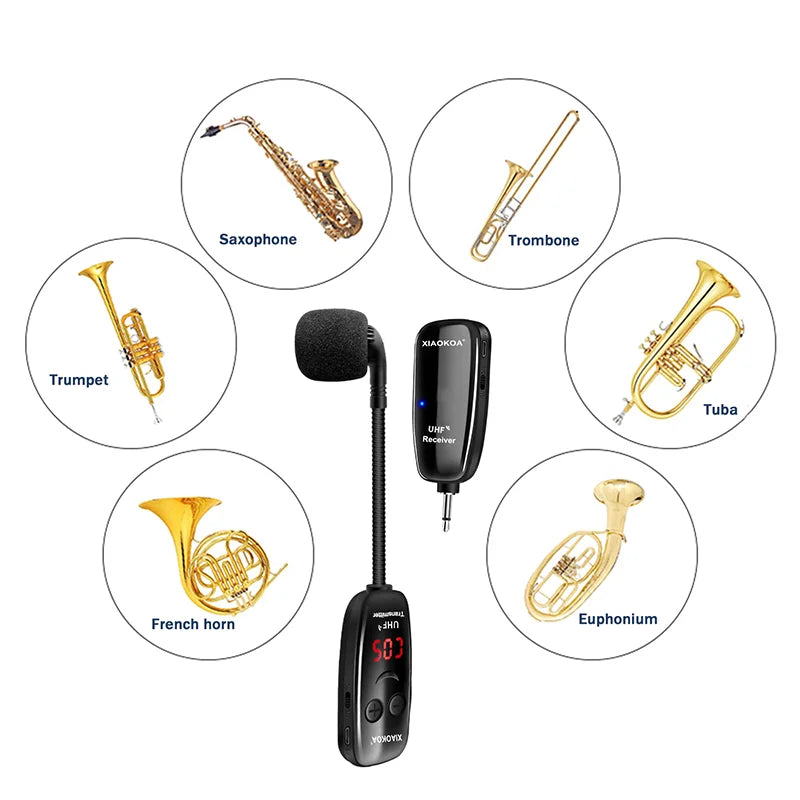 Microfone Sem Fio UHF para Instrumentos Sopro - Saxofone-Trompete - Receptor e Transmissor Sem Fio, Alcance de 160ft, Plug and Play - Acessórios sopro