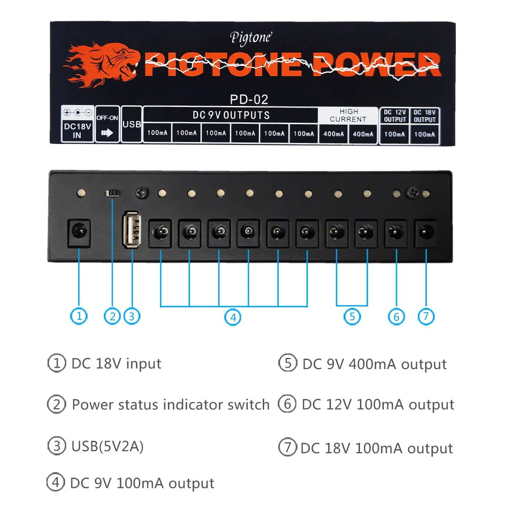 Fonte de Alimentação para Pedal de Guitarra Pigtone PD-02 - 10 Saídas com Carregamento USB - Efeitos Acessórios cordas