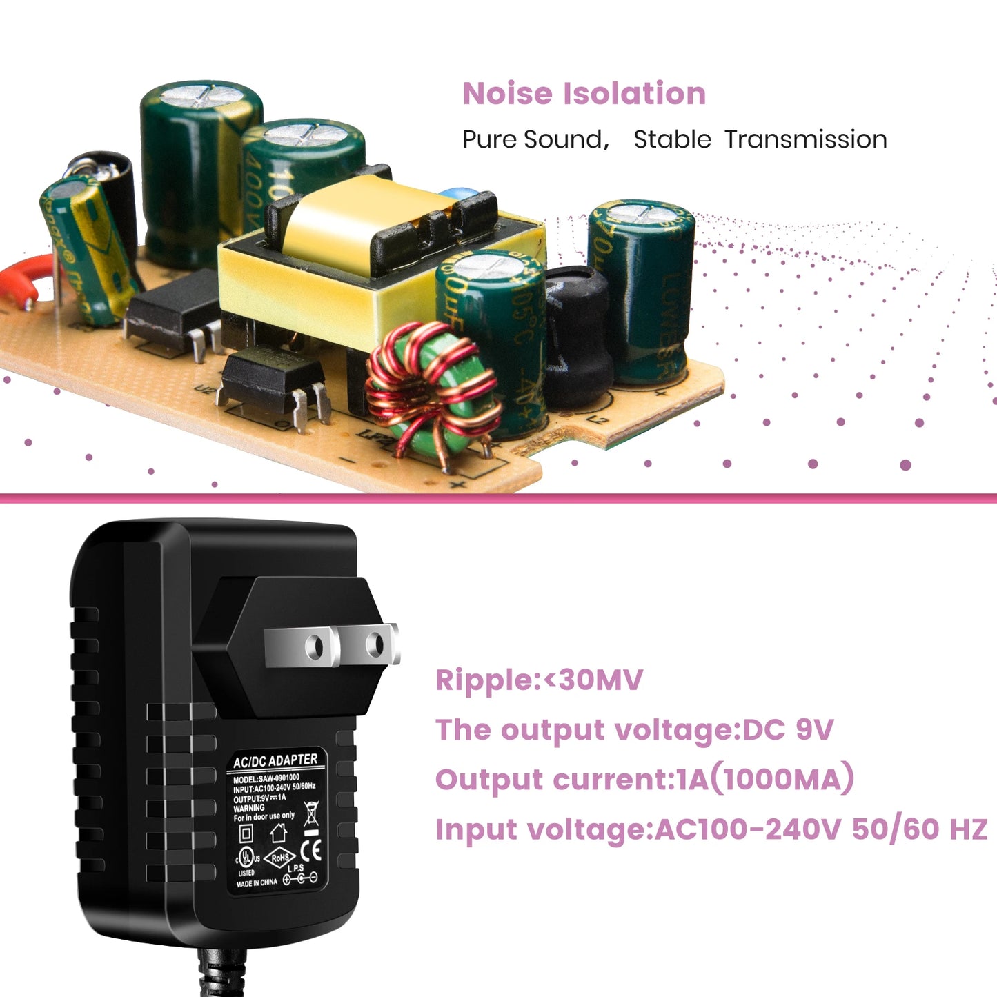 Fonte de Alimentação para Pedal de Efeitos de Guitarra Elétrica 5 vias - 9V DC 1A, Plugues US, EU, UK, JP, AU - Periféricos Efeitos Pedais