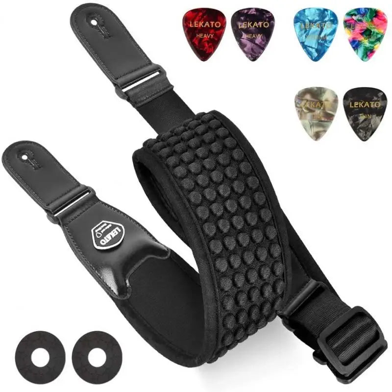 Correia de Ombro Ajustável Lekato para Guitarra e Baixo - Couro, 3,5'' de Largura, 6 Palhetas, Enchimento de Espuma 3D - Acessórios cordas