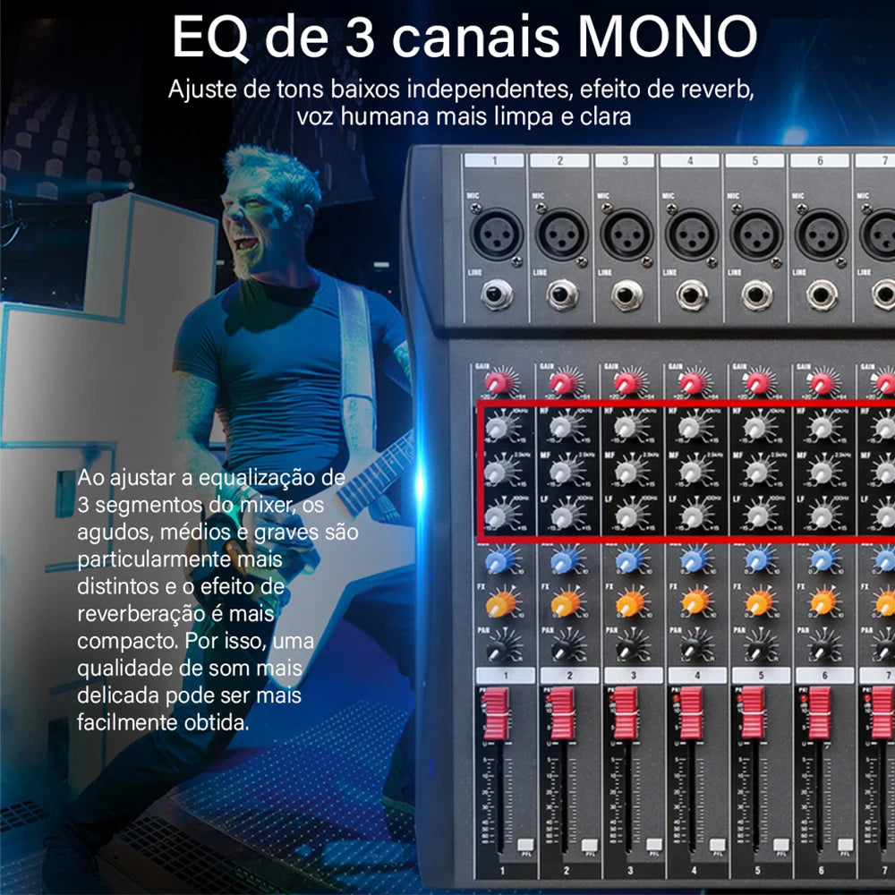 Mixer analógico 12 Canais - Entrada USB para Computador, Interface de Áudio, Placa de Som e efeitos - Mixers