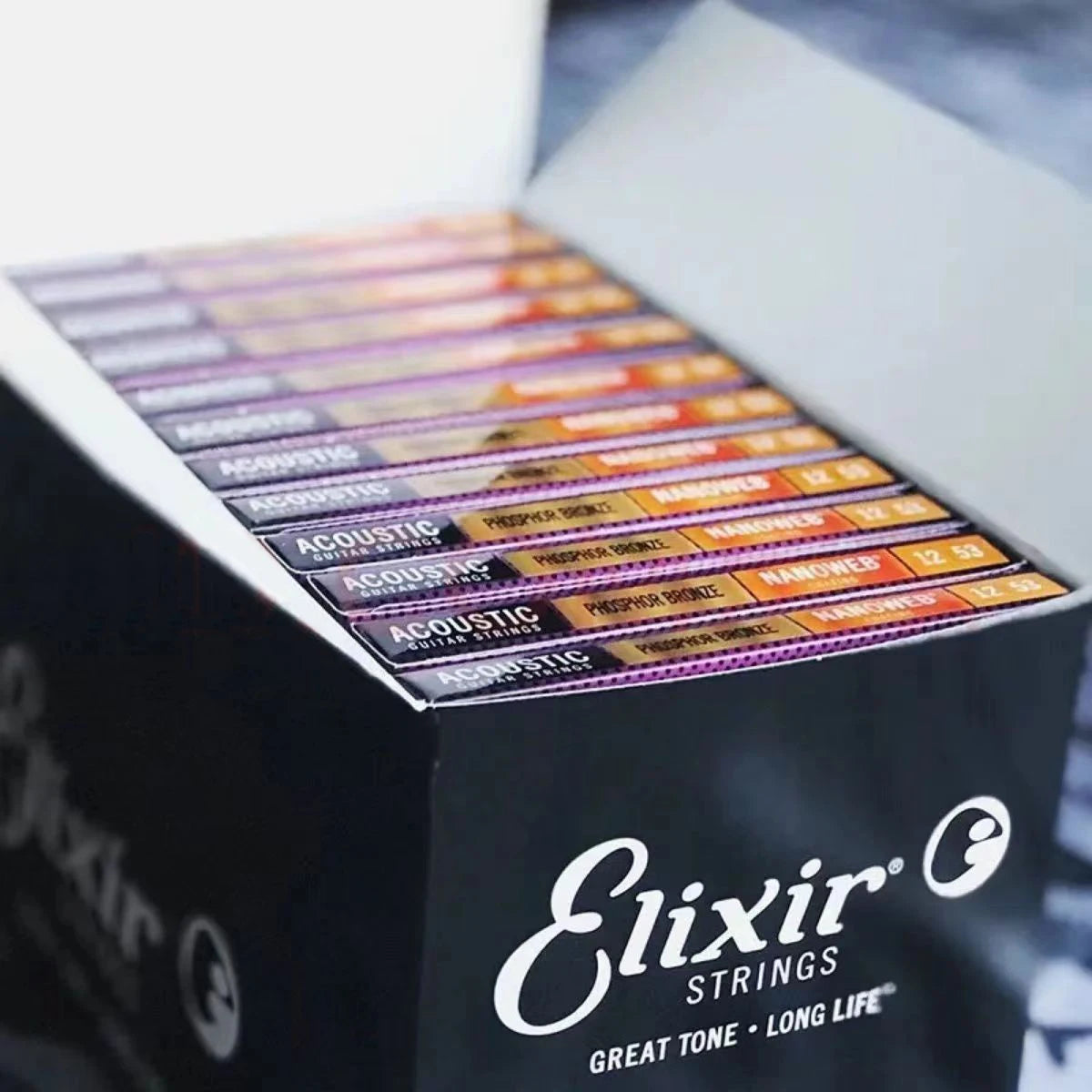 Kit com 12 Jogos de Cordas Elixir para Violão – Nanoweb Phosphor (Modelos 16002, 16027, 16052, 16077, 16102) - Acessórios cordas