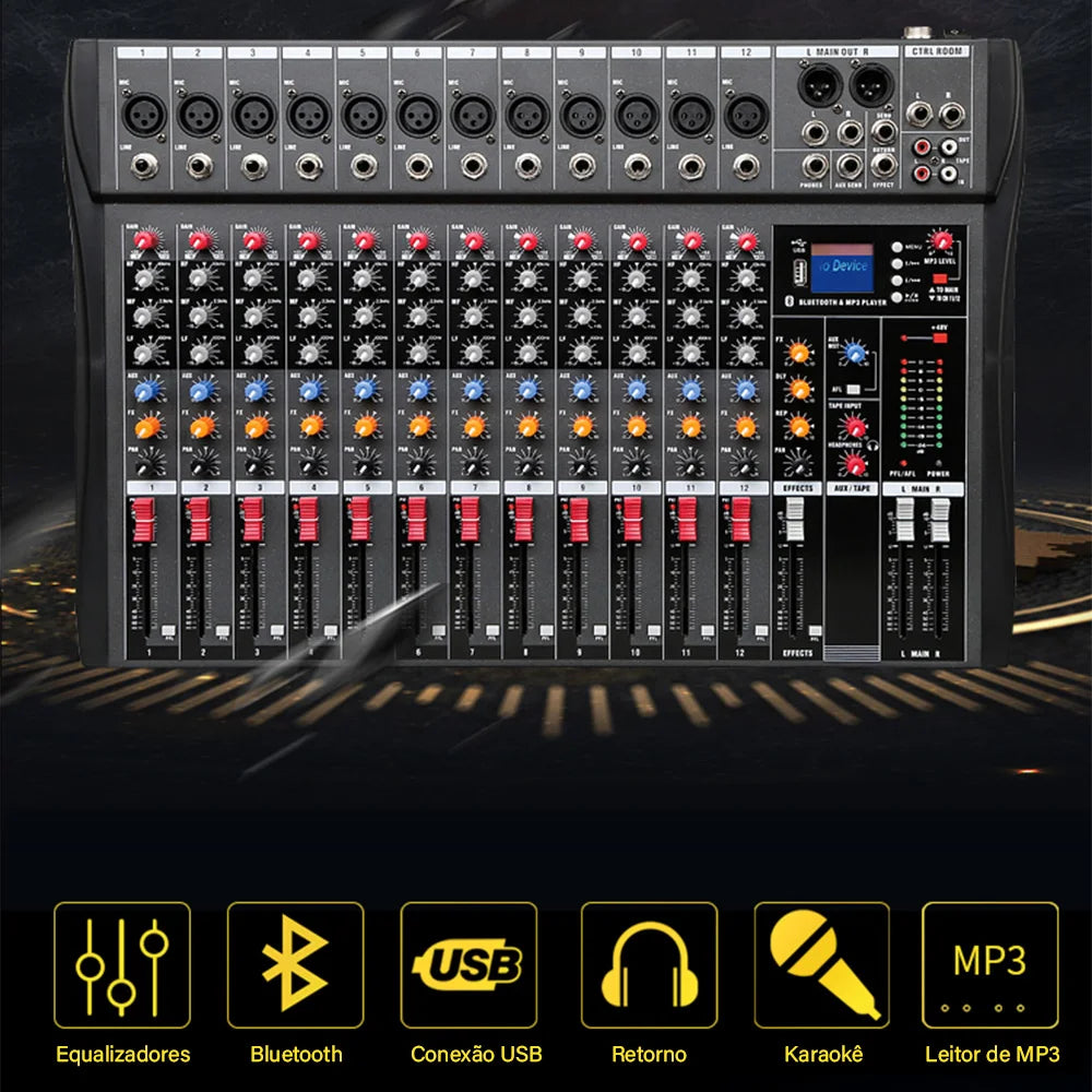 Mixer analógico 12 Canais - Entrada USB para Computador, Interface de Áudio, Placa de Som e efeitos - Mixers