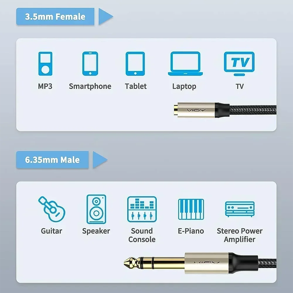 Adaptador de Fone de Ouvido 6.35 (P10) para 3.5mm (P2) - Cabo de Extensão de Áudio TRS Macho 6.35mm para Fêmea 3.5mm - Acessórios auxiliares