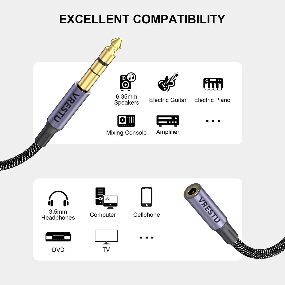 Adaptador de Áudio Estéreo 6.35mm Macho para 3.5mm Fêmea - Cabo para Fones de Ouvido, Amplificador, Microfone e Alto-falantes e Guitarra - Acessórios auxiliares